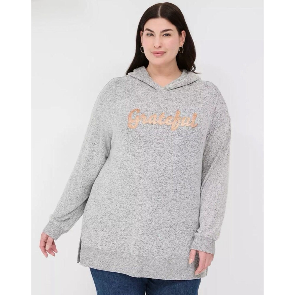 Women’s Lane Bryant Glitter Grateful Hooded Cowl Neck Sweatshirt Gray Cozy EUC